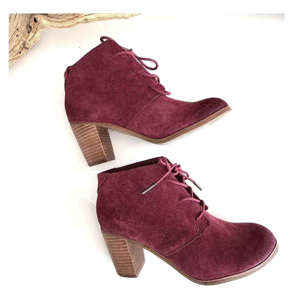 TOMS Lunata Oxblood Suede Booties Block Heel Lace Up Ankle Boots Size 6